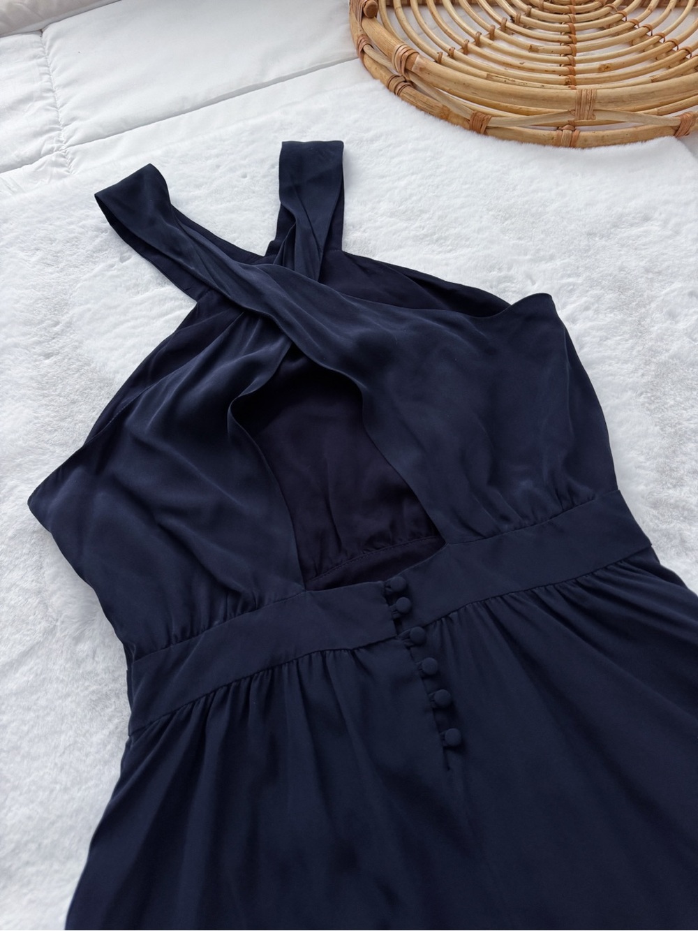 Sezane Editions Alma Silk Mini Dress Navy Blue Halter Open Back Ruffle - Picture 7 of 12